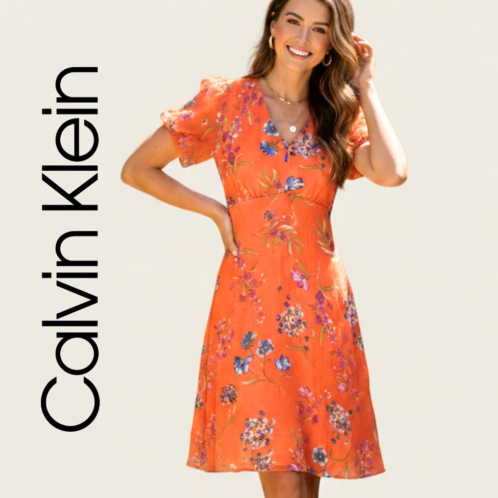 🌟Calvin Klein Orange Floral A-Line Puff Sleeve Dress Size 2